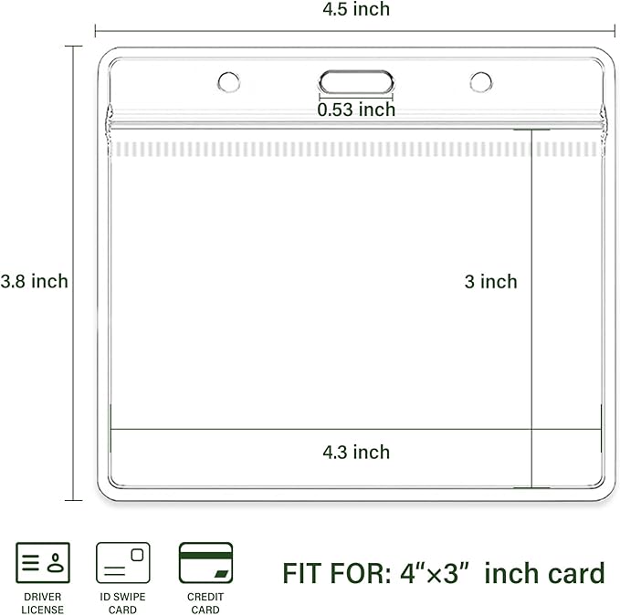 4x3 Inch Horizontal Badge Holder, Clear Plastic ID Card Protector with Waterproof Resealable Zip Type, Badge Sleeve Fits Name Tag Holder/RFID/Proximity/Credit Card (100PCS)