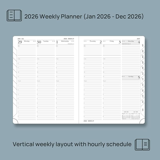 POPRUN 2026 Planner (Medium - 6.5'' x 8.5'') - 2026 Weekly Calendar ((Jan. 2026 - Dec. 2026) with Hourly Time Slots, Weekly/Monthly Appointment Book for Time Management - Leather Soft Cover - Black