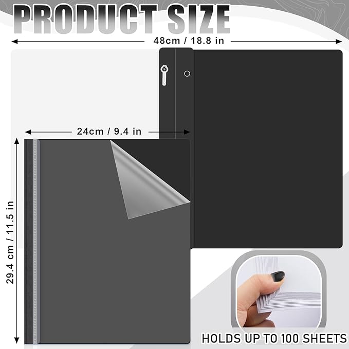 Teling 48 Pcs Clear Front Report Covers with Prongs Plastic Presentation Folders 3 Prong Resume Portfolio Folder for School(Black)
