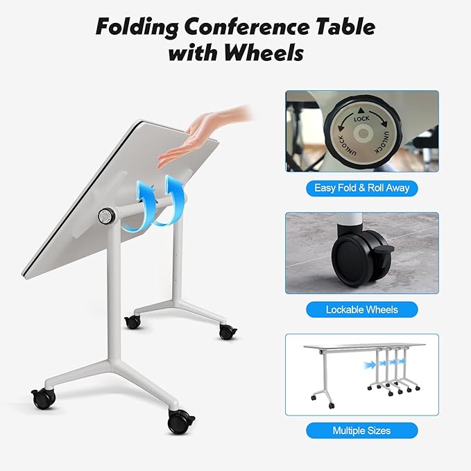 Goakwwuz Conference Room Table, Folding Conference Tables,Thicken Grey Tabletop,Flip Top Wooden Seminar Meeting Room Table for Conference Room Offices (8, White, 70.8”)