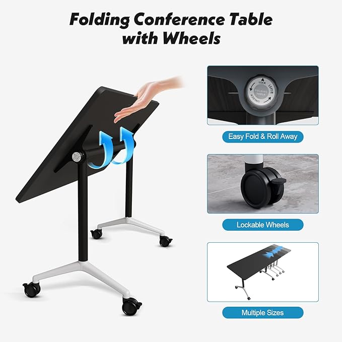 Goakwwuz Conference Room Table, Folding Conference Tables,Thicken Grey Tabletop,Flip Top Wooden Seminar Meeting Room Table for Conference Room Offices (10, Black, 47.2“)
