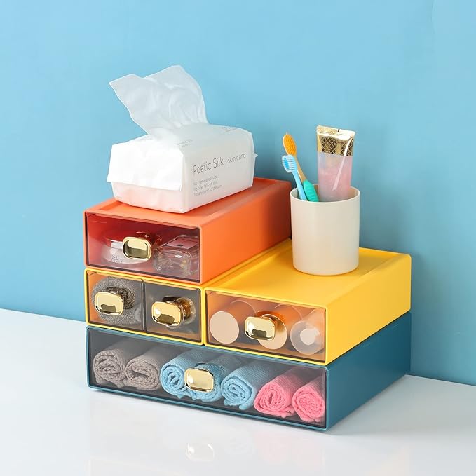 OSteed Spacious Desktop Storage Box, 1 Large 1 Middle & 2 Small Storage Drawers, Stackable Office Desk Drawer Organizer and Accessories, Printer Paper Organizer, Blue Plastic Drawers for Workspace