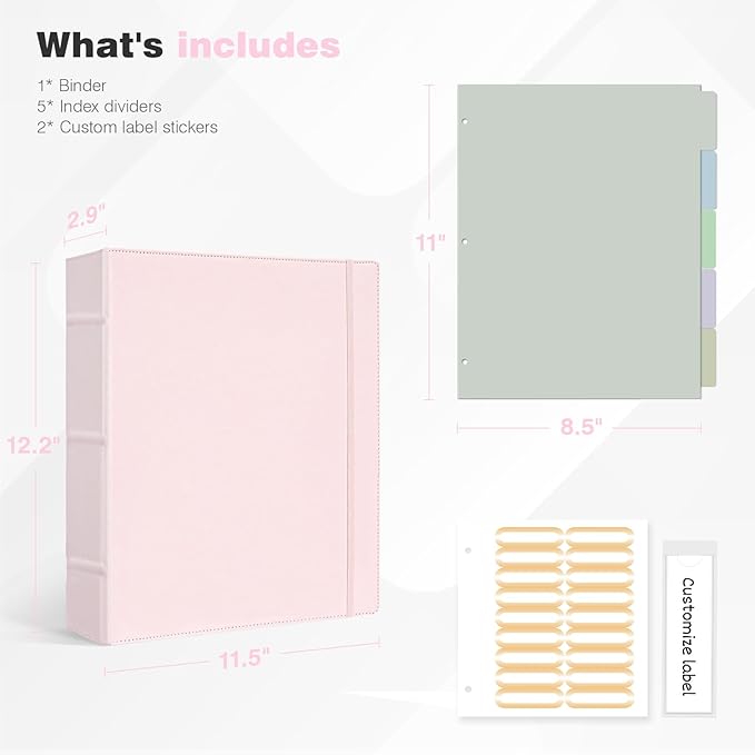 Ospelelf Vintage Hardcover 3 Ring 2 inch Leather Binder, Professional Binders Organizer Suitable for Letter Size Documents, Binder Dividers with Tabs, Rose Pink