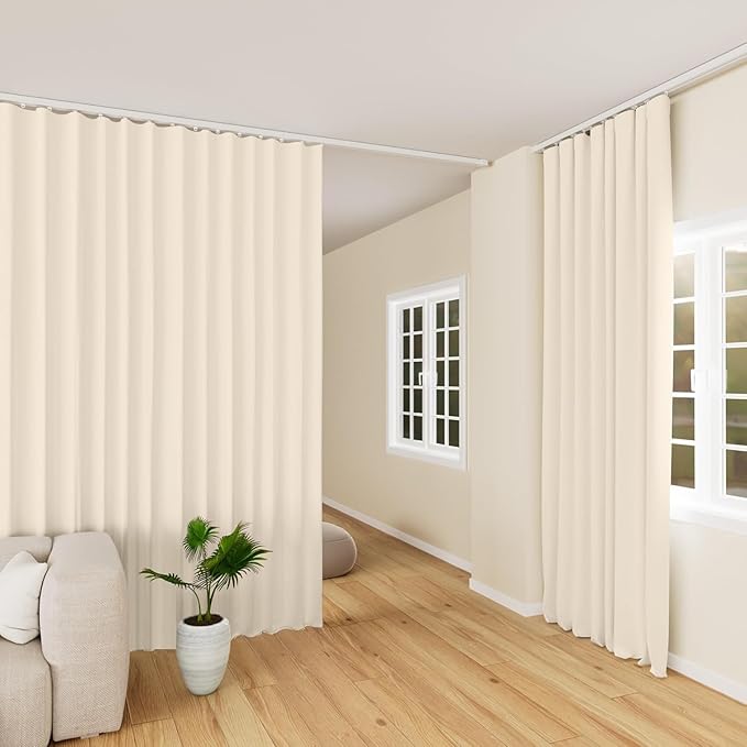 Hoeflife Room Divider Curtains Blackout Floor to Ceiling Curtain with Hook Wall Mount Sliding Door Curtains Ceiling Mount Extra Wide Curtain Wall Divider for Room Separation (Beige, W180 x H96 Inch)
