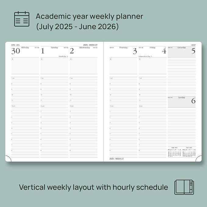 POPRUN Planner 2025-2026 (Large - 8.5'' x 10.5'') Academic Weekly Calendar (July 2025 - June 2026) with Hourly Time Slots, Monthly Tabs, 100GSM Thick Papers, Leather Soft Cover - Pink
