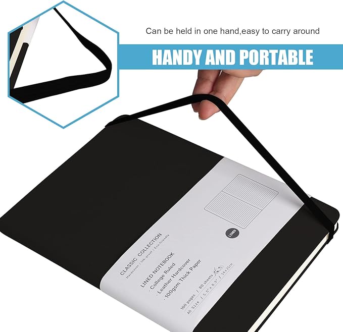 EMOMAS Lined Journal Notebook – Hardcover Notebook for Men & Women – Journals for Writing, Work, School, Home & Daily Notes, 160 Pages – Medium A5, 5.7"x8", 100 gsm Thick Paper (Black)