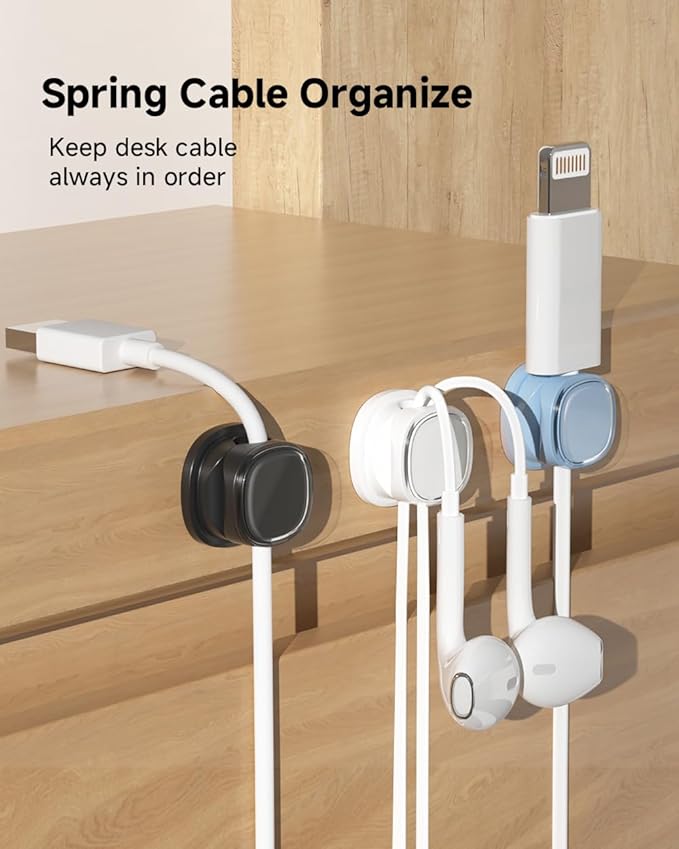 9 Pack Cord Organizer, Spring Cable Management, Adhesive Cute Cable Holder Clips, Phone Charger Wire Keeper for Desk Nightstand Car Office (9-Pack White_Blue_Black)