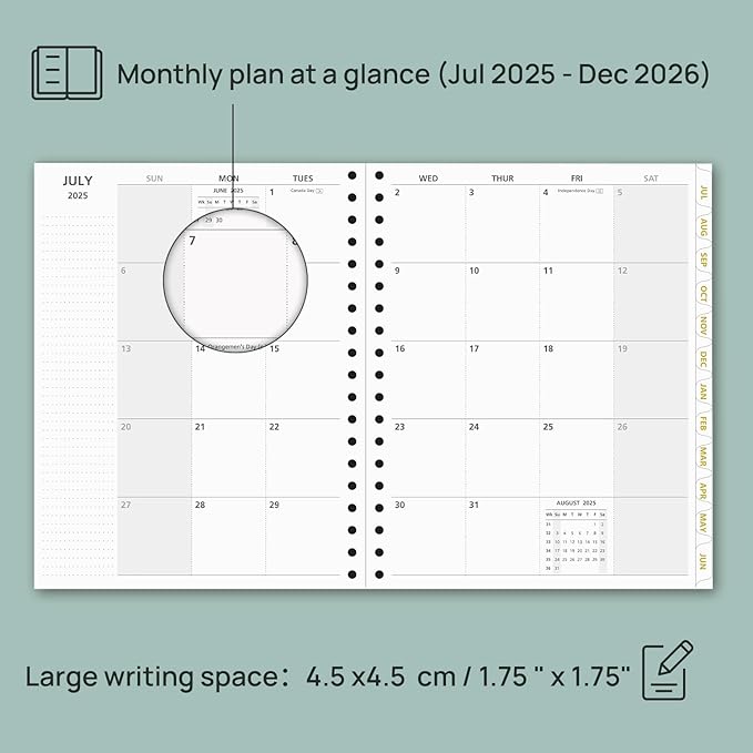 POPRUN Monthly Planner 2025-2026 Spiral Hardcover (8'' x 10''), 18 Months Calendar (Jul.2025 - Dec.2026) - 2 Pages per Month with Dotted Note Pages, Sunday Start, Laminated Tab - Light Pink