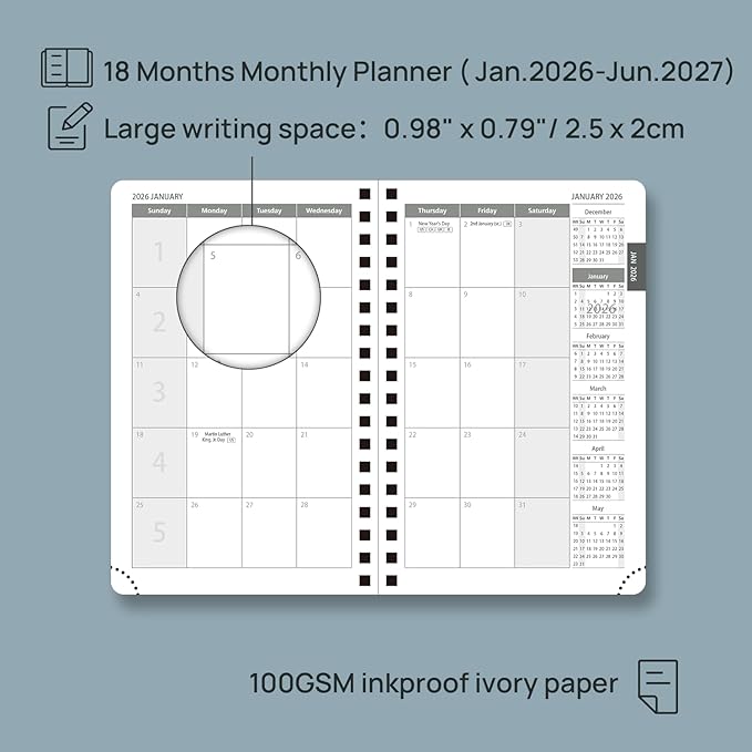 POPRUN Pocket Monthly Planner 2026-2027 (Small Size 4.25" x 6.25") 18 Months Calendar Book(Jan 2026 - Jun 2027) - 4 Pages per Month with Expense & Notes, Leather Cover, Sunday Starts - Black