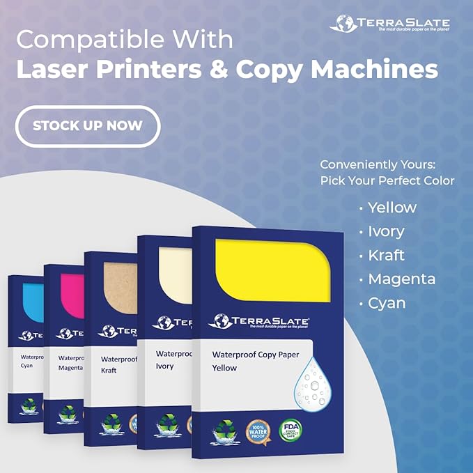 TerraSlate Waterproof Paper, Rip-Proof Colored Paper, Ivory, 25 Sheets, 10 Mil (120lb Cover), 8.5" x 11", Laser Printer and Copy Machine Compatible
