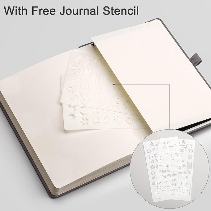 EMSHOI Dotted Notebook - 256 Pages A5 Dot Grid Journal Bullet Notebook with 120gsm Thick Dotted Paper,16 Perforated Pages, Hardcover Leather, Pen Holder, Inner Pocket, 5.75'' × 8.38''-Dark Grey