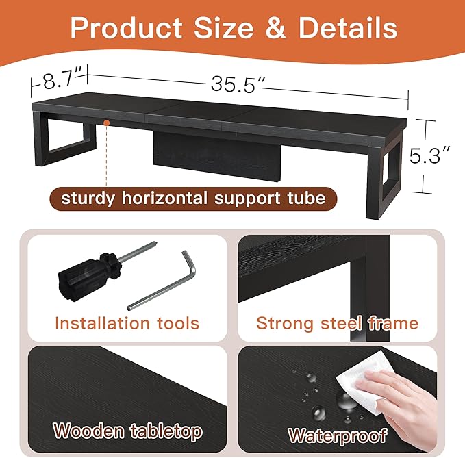 HEWORLIF Dual Monitor Stand Riser, Wood and Steel Monitor Stand for Desk, Multi-Purpose Desk Shelf Organizer for Computer, Laptop, Printer, TV, Black