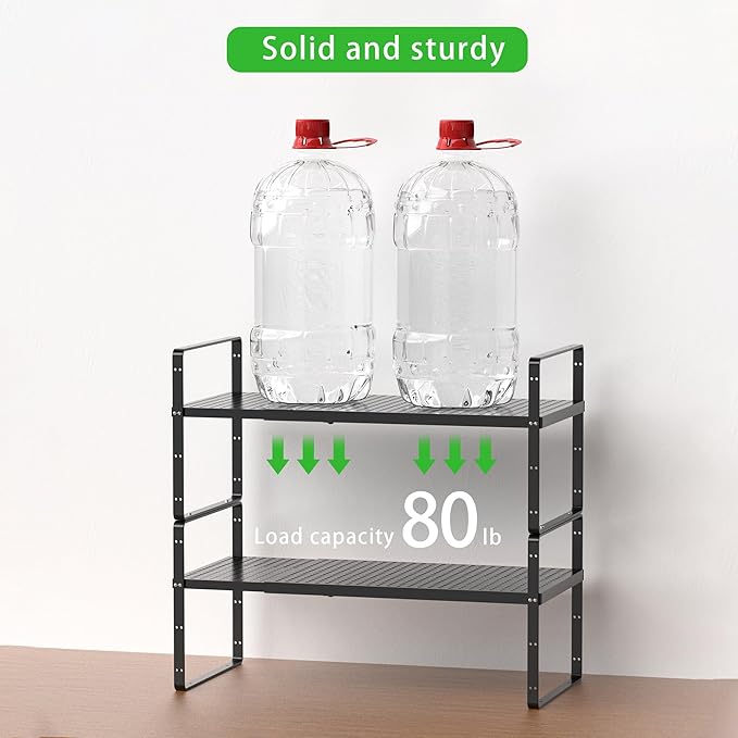 SOFRON Expandable Cabinet Storage Shelf Stackable Organizer Rack for Kitchen Bathroom Pantry Spice Cupboard Coffee Countertop Home Office Desk Heavy Duty Nonslip Black Large 2 Packs