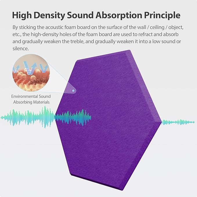 Amantech 12 Pack Acoustic Panels Self Adhesive Sound Proof Foam, High Density Sound Acoustic Panel, 12X10.23X0.4 Inch Hexagon Panels in Home, Office, Reccording Room, Studio,and more(Violet)