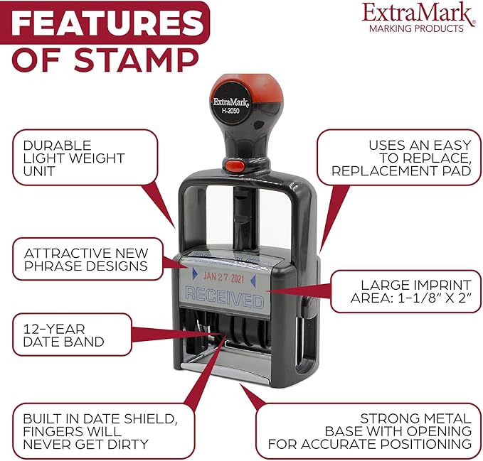 Heavy Duty Style Office Date Stamp with MAILED - Self Inking Dater - Style C - Blue & Red Ink Color