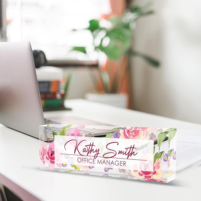 Personalized Name Plate for Desk, Custom Desk Name Plate, Acrylic Name Plate Office Desk Accessories, Personalized Office Gifts for Coworkers Teachers, Employee Appreciation Gifts (A-Watercolor)