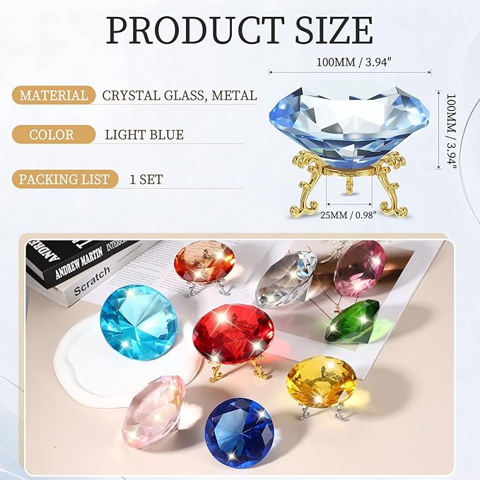 PATIKIL Diamond Crystal Paperweight, 100mm / 3.94" Crystal Paperweight Paper Weight with Gold 25 Metal Base for Home Office Desktop Table Decor Wedding Party Ornaments, Light Blue
