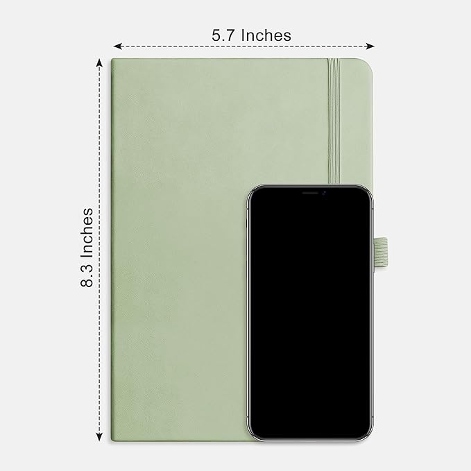 RETTACY Bullet Dotted Journal Notebook, 256 Pages, A5 Medium Size (5.7'' × 8.3''), Leather Hardcover, 120 GSM Thick Paper, for Bullet Journaling, Planning, Tracking (Light Green)