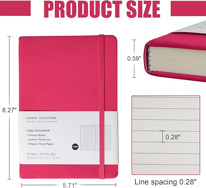 EMOMAS Lined Journal Notebook, 10Pack Hardcover Notebook for Men & Women – Journals for Writing, Work, School, Home & Daily Notes, 160 Pages – Medium A5, 5.7"x8", 100 gsm Thick Paper (Rose Red)