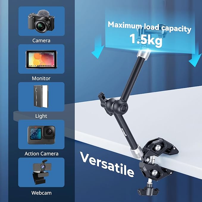 SMALLRIG Magic Arm Clamp Kit, Camera Mount Articulating Friction Arm w Super Clamp, w 1/4"-20 Screw and Thread Hole, for Camera, Light, Monitor, Webcam or Action Camera 1.5kg, for Table, Tube