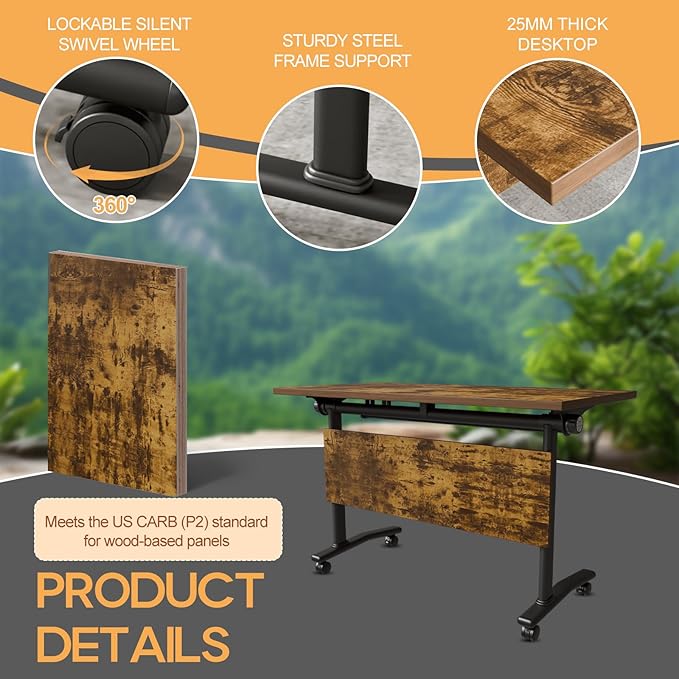 Folding Conference Table 4ft 5ft, Foldable Office Meeting Desk for 6 People, Multiple Sizes Colors Mobile Conference Room Table for Training Room School Business Furniture (6, Brown, 63in)