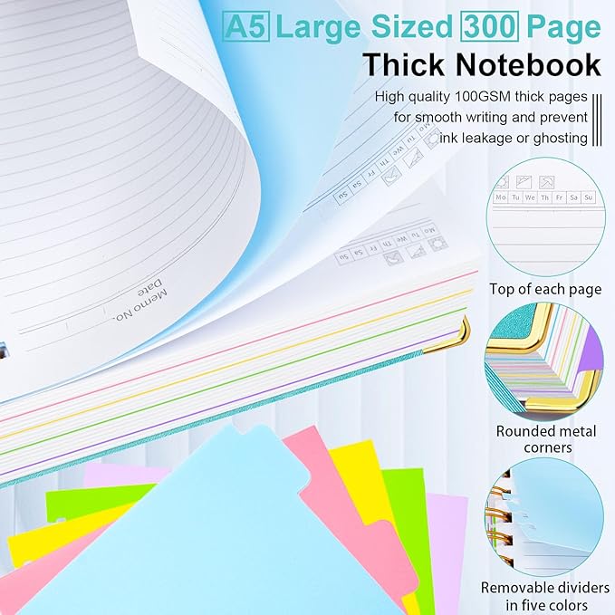 Hardcover Spiral Notebook 6.2"x 8.2" Journal Notebook with Tabs and Removable Dividers 300 Pages 5 Subject Notebook College Ruled, Faux Leather Spiral Bound Notebook for Women School Work (Blue)