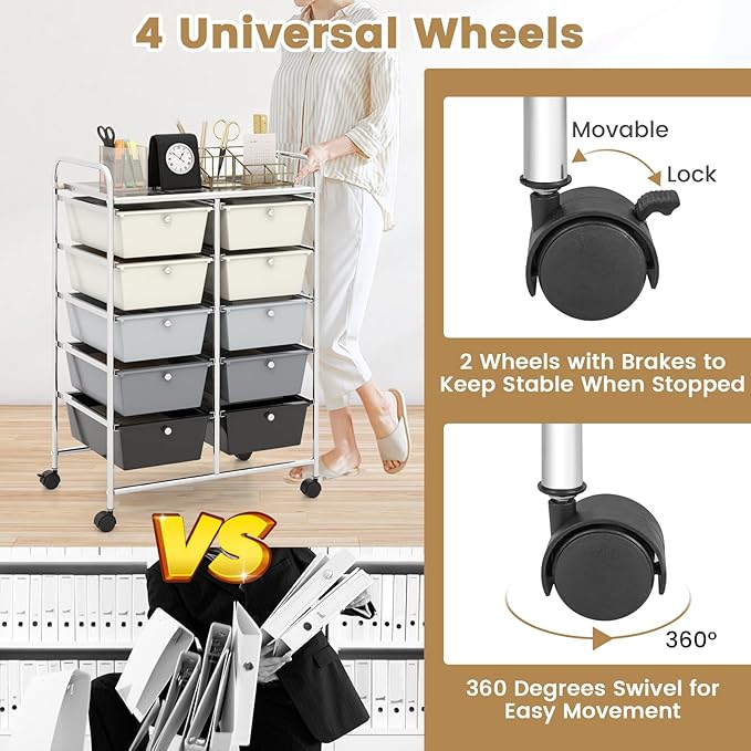 HAPPYGRILL 10-Drawer Rolling Storage Cart, Storage Organizer Cart with Lockable Wheels, Beauty Salon Movable Utility Cart for School, Office, Home, (Grey Gradient)
