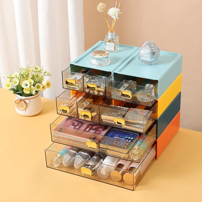 OSteed Spacious Desktop Storage Box, 2 Large Storage Drawers, Stackable Office Desk Drawer Organizer and Accessories, Printer Paper Organizer, Orange & Yellow Plastic Drawers for Workspace & Home