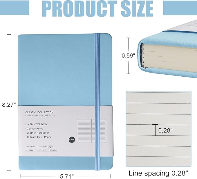 EMOMAS Lined Journal Notebook – Hardcover Notebook for Men & Women – Journals for Writing, Work, School, Home & Daily Notes, 160 Pages – Medium A5, 5.7"x8", 100 gsm Thick Paper (Sky Blue)