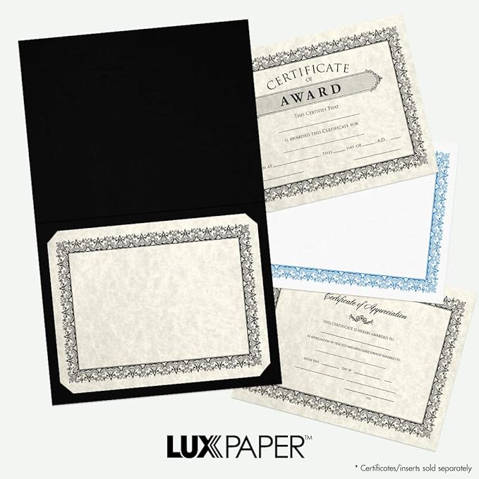 LUXPaper 9.5" x 12" Certificate Holders | Black Linen | Embossed Gold Foil Border | 100lb. Cover | 250 Qty