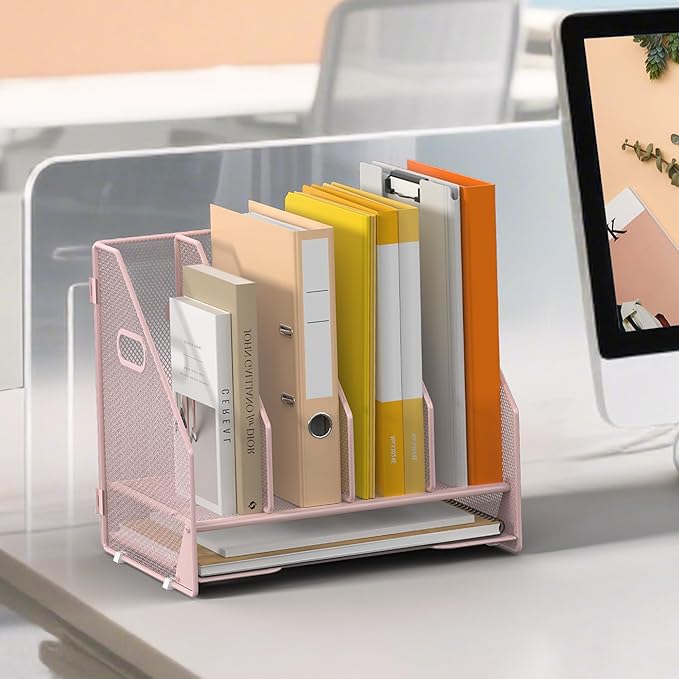 OrgMate Desk File Folder Holder Organizer-4 Vertical Compartments Racks and Paper Letter Tray,Mesh Magazine File Holder Sorter,Desktop Accessories & Workspace Organizers for Home,Office,School-Pink