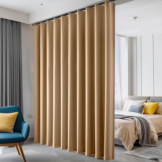 Hoeflife Room Divider Curtains Blackout Floor to Ceiling Curtain with Hook Wall Mount Sliding Door Curtains Ceiling Mount Extra Wide Curtain Wall Divider for Room Separation (Khaki, W120 x H108 Inch)