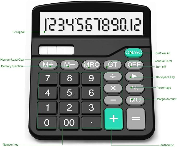Calculator, Splaks 2 Pack Standard Functional Desktop Calculators Solar and AA Battery Dual Power Electronic Office Calculators with 12-Digit Large Display (1 Basic Black&1 Updated Silver)