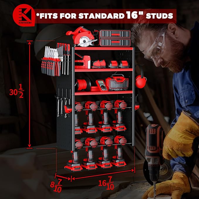 KAFAHOM Power Tool Organizer, Large 8 Drill Holder Wall Mount with 2 Side Pegboards,5 Layer Heavy Duty Metal Tool Storage Rack, Tool Shelf for Garage Organization, Utility Battery Shelves - Red