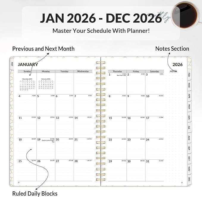SUNEE 2026 Planner, Weekly and Monthly Calendar Planner, January 2026-December 2026, Daily Agenda with Tabs, Note Pages, Spiral Binding, 6.4"x8.3", Gray Blue