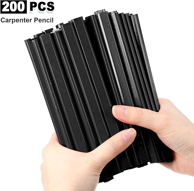 Honoson 200 Pcs Flat Construction Pencils with Printed Ruler Wood Graphite 2 Pcs Carpenter Pencil Sharpener for Woodworking Marking Tool(Black)