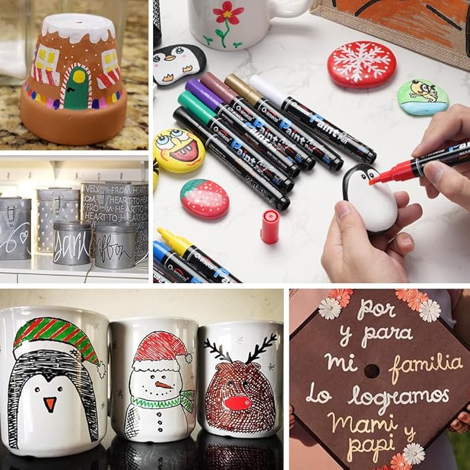 Overseas Red Paint Pens Paint Markers - Permanent Acrylic Markers 12 Pack, Water-Based, Quick Dry, Waterproof Marker Pen for Rock, Wood, Plastic, Metal, Canvas, Glass, Fabric, Mugs. Medium Tip