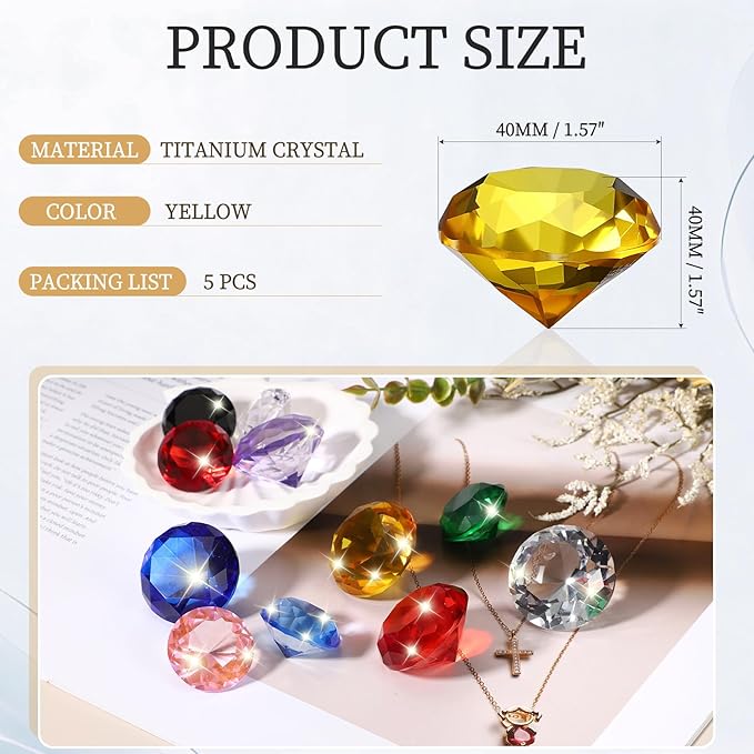 PATIKIL 5 Pcs Diamond Crystal Paperweight, 40mm / 1.57 Inch Crystal Paperweight Paper Weight for Home Office Desktop Table Decor Wedding Party Jewelry Ornaments, Yellow