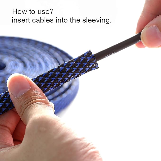 25ft - 1 inch PET Expandable Braided Sleeving – BlackBlue – Alex Tech Braided Cable Sleeve