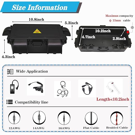 DIQIMIAQ Medium Outdoor Electrical Box(inner 10.3*4.8*3.1inch) With Waterproof shield, Waterproof Extension Cord Cover w/6 Cable , Weatherproof Connection Box Protect for Plug,Connector (Black, 1PCS)