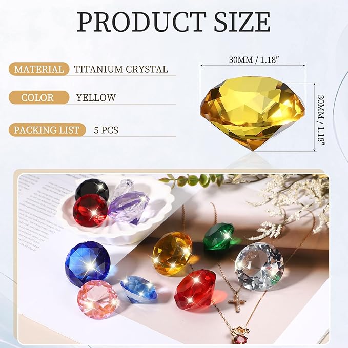 PATIKIL 5 Pcs Diamond Crystal Paperweight, 30mm / 1.18 Inch Crystal Paperweight Paper Weight for Home Office Desktop Table Decor Wedding Party Jewelry Ornaments, Yellow