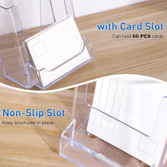xydstay 4x9 Acrylic Brochure Holder with Business Card Holder, Clear Display Stand, Plastic Table stand Sign Holder, Pamphlet Holder Flyer Holder, Acrylic Display Stand for Office, Home, Store, 2 Pack