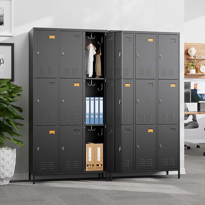 SUPEER 9 Doors Metal Lockers for Employees with 18 Hooks,Metal Lockers with Business Card Holder for School Garage Office Gym Home,Assembly Required,Black