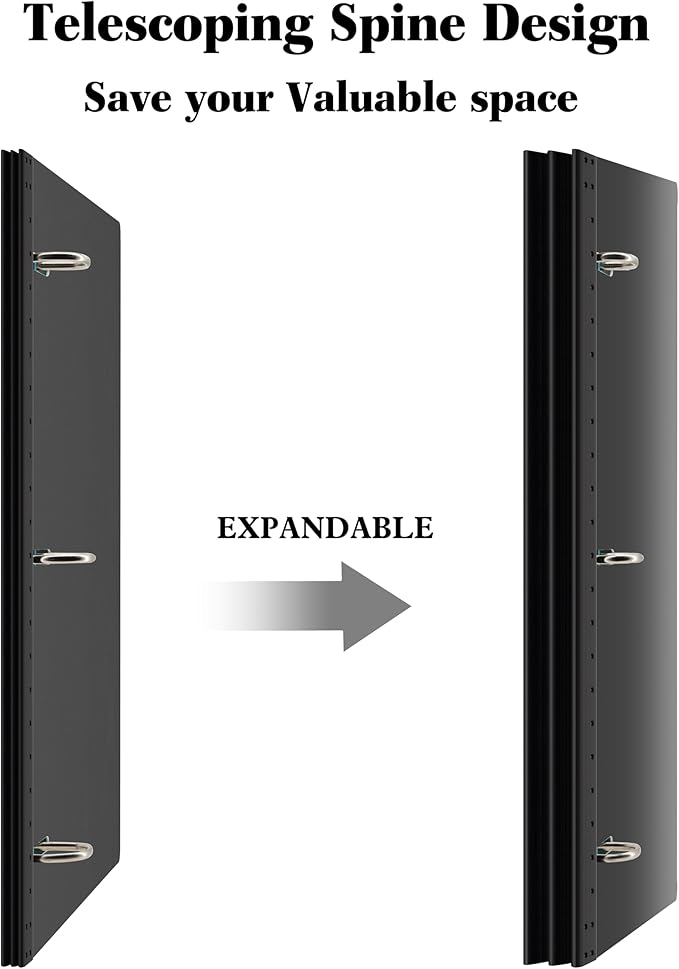 INFUN 1 Inch Telescoping 3 Ring Binder- 4 PCS-Black, Portable Plastic Binder with Telescoping Spine, 3 Ring Binders with Foldable Front Cover Holds 8.5" x 11" Paper for School,Office and Homes