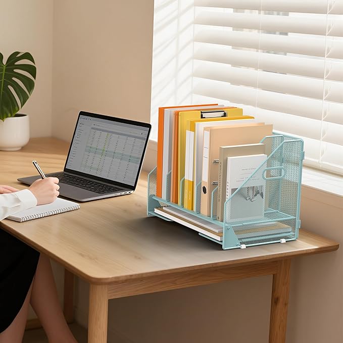 OrgMate Desk File Folder Holder Organizer-5 Vertical Compartments Racks and Paper Letter Tray,Mesh Magazine File Holder Sorter,Desktop Accessories & Workspace Organizers for Home,Office,School-Blue