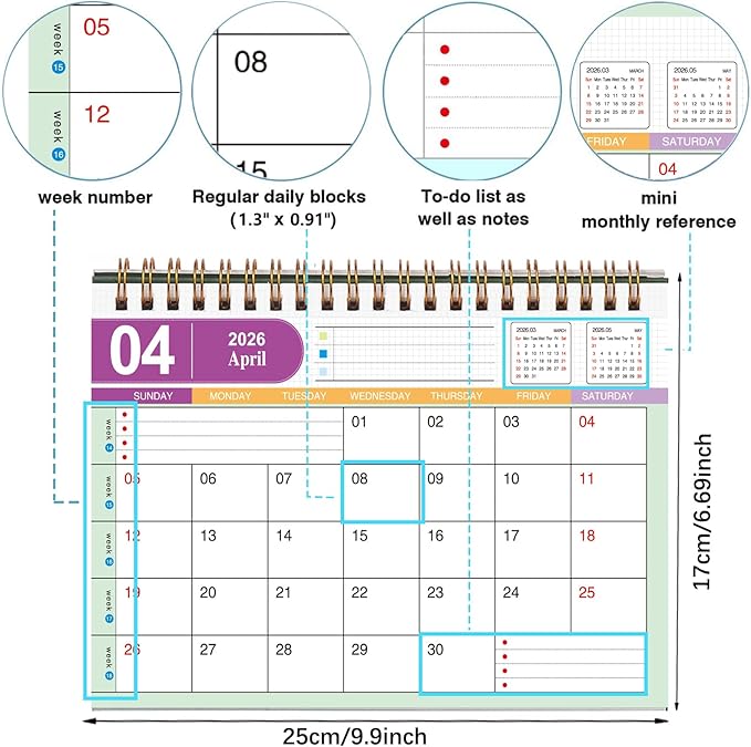 Large Desk Calendar 2026, 9.9" × 8.7" Standing Flip Desktop Calendar from Now to December 2026 - Metal Ring Twin-Wire Binding Monthly Desk Calendar for Home Office School (L-Green)
