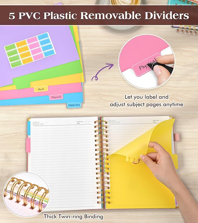 Spiral Notebook Journal with Removable Dividers Tabs, 300 Pages Hardcover Leather 5 Subject College Ruled Notebook, 8.5"x11" Large A4 Lined Journal for Women Men, Spiral Notebook for Work School, Pink