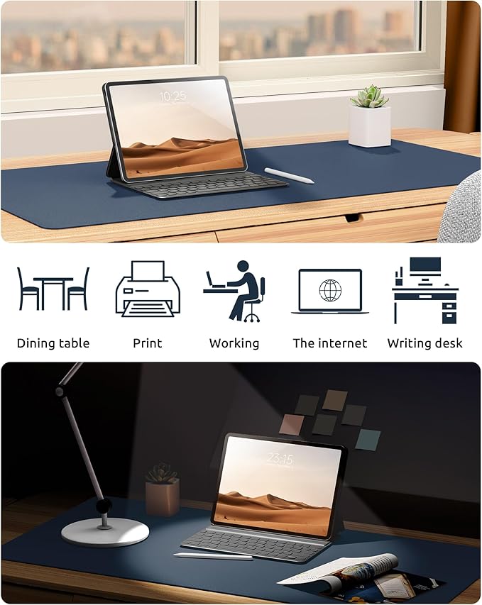 YSAGi Leather Desk Protector, Office Mat, Large Mouse Mat, Non-Slip PU Leather Blotter, Laptop Desk Mat, Waterproof Writing Pad for Office and Home (Dark Blue, 23.6" x 13.8")