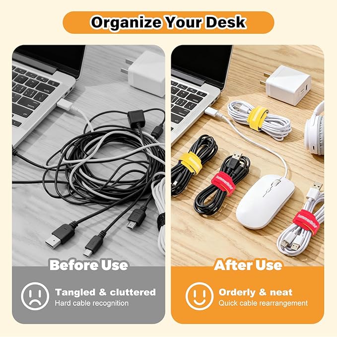 SummerBrite 70 Pack Assorted Cable Ties (4, 6, 8 Inch) Multi-Color with Writable Labels, Reusable Cord Organizer Straps, Hook & Loop Wire Management for Electronics, Home Office, PC Desk & Travel
