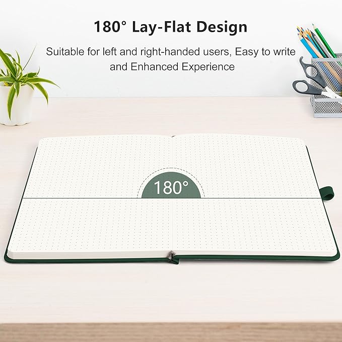RETTACY Bullet Dotted Journal Notebook, 256 Pages, A5 Medium Size (5.7'' × 8.3''), Leather Hardcover, 120 GSM Thick Paper, for Bullet Journaling, Planning, Tracking (Dark Green)